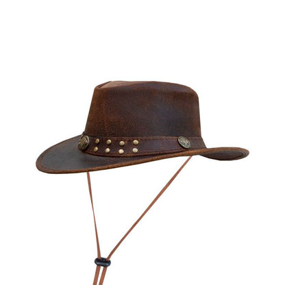 Dream Apparel Men's Brown Top-Grain Premium Leather Western Cowboy Studded Hat