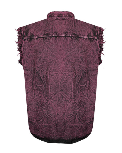 Mens Biker Cut off Cotton Shirt Stonewash Burgundy