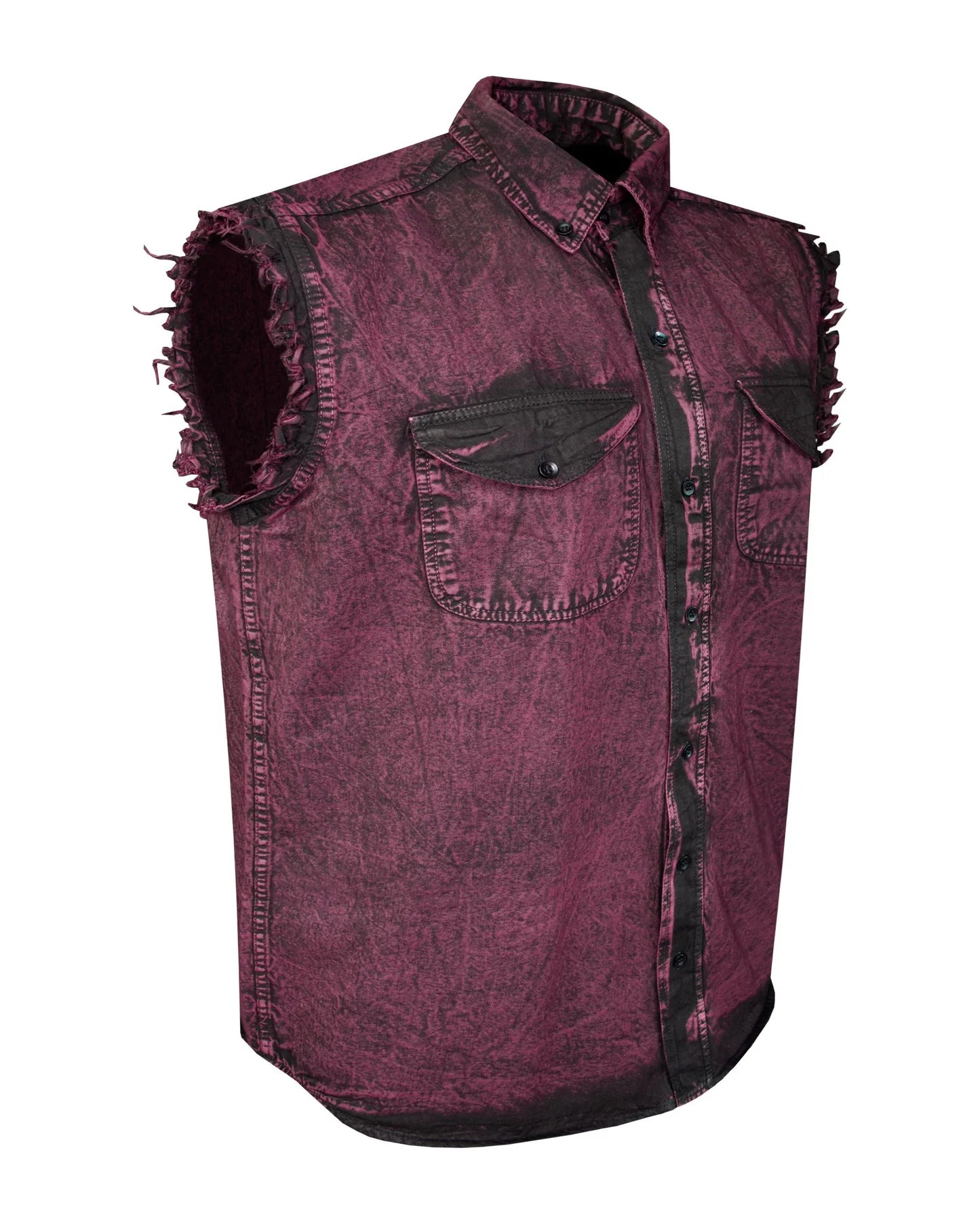 Mens Biker Cut off Cotton Shirt Stonewash Burgundy