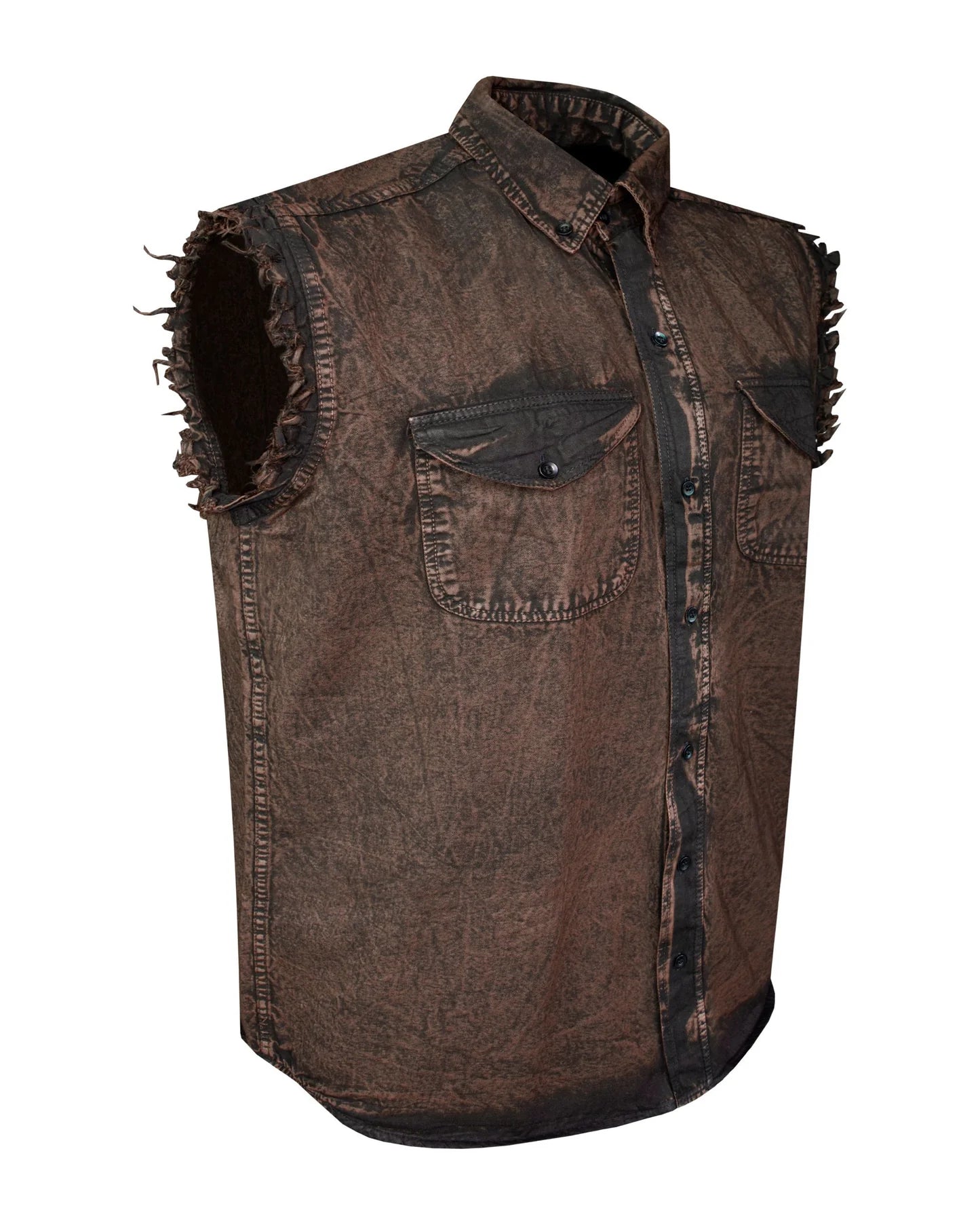 Mens Biker Cut off Cotton Shirt Stonewash Chocolate Brown