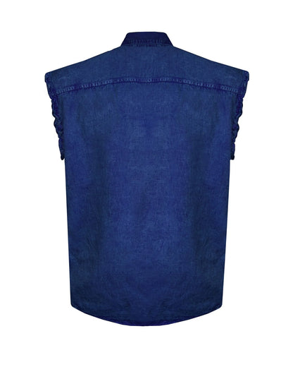 Mens Biker Cut off Cotton Shirt Stonewash Ocean Blue