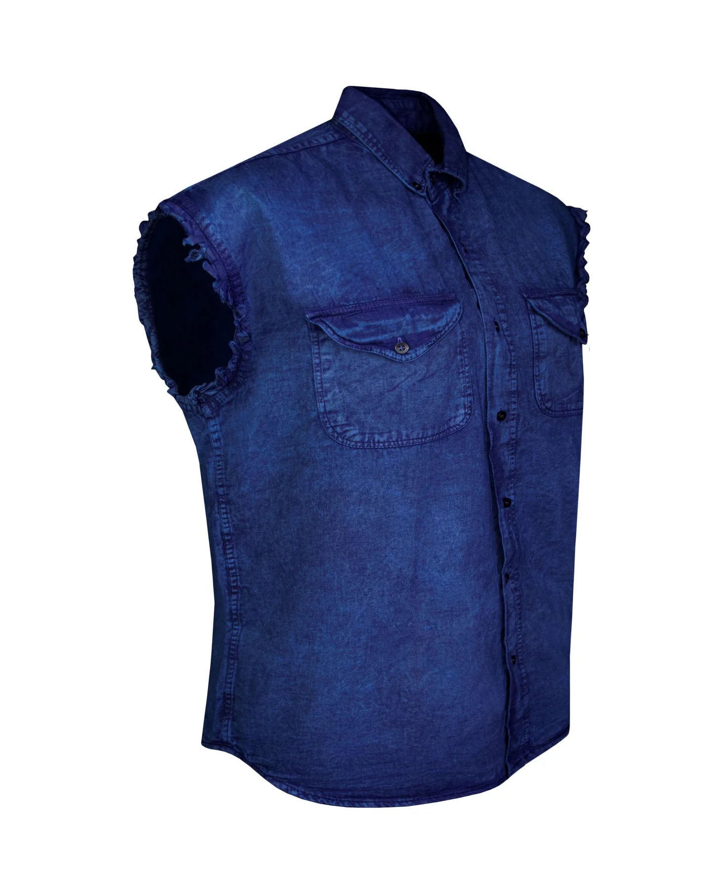 Mens Biker Cut off Cotton Shirt Stonewash Ocean Blue