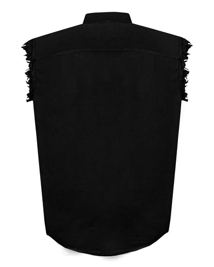 Mens Biker Cut off Cotton Shirt Solid Black