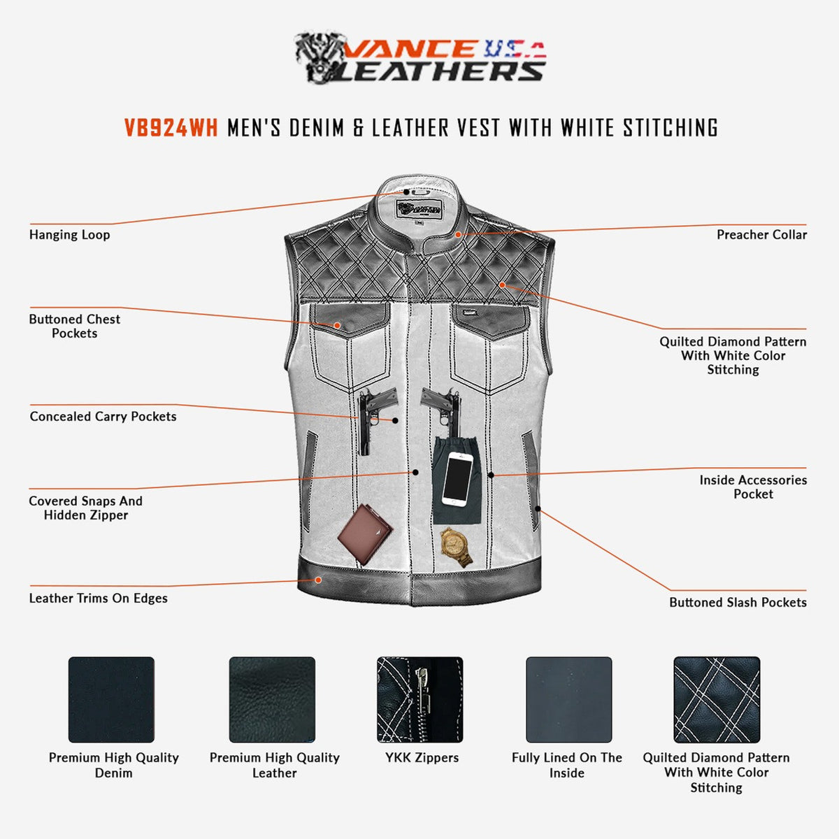 Men's Denim & Leather Motorcycle Vest with Conceal Carry Pockets, SOA Biker Club Vest White Stitching, Diamond Padding, Snap & Zipper Closure