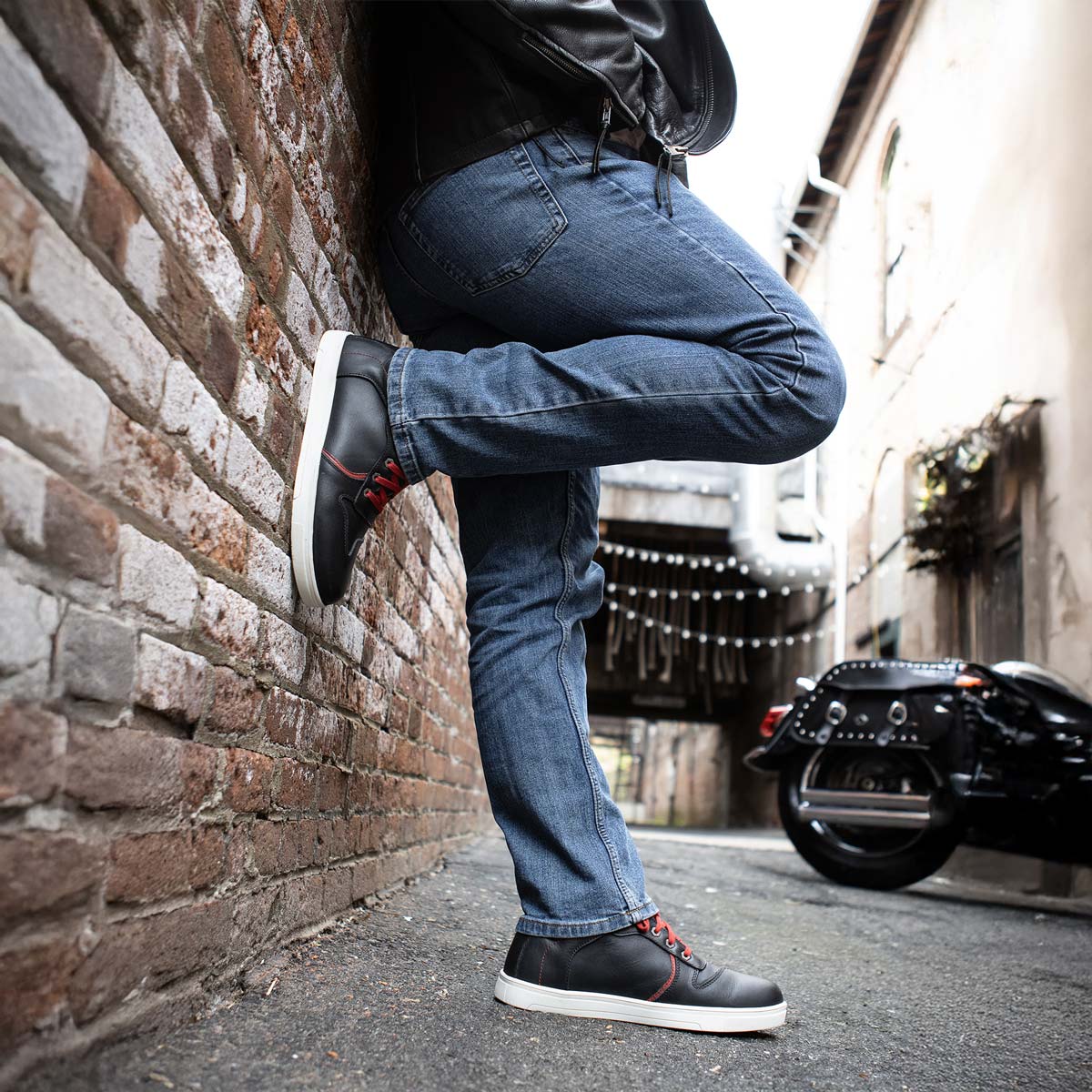 Men's Black Leather Reinforced Street Riding Shoes With Ankle Support