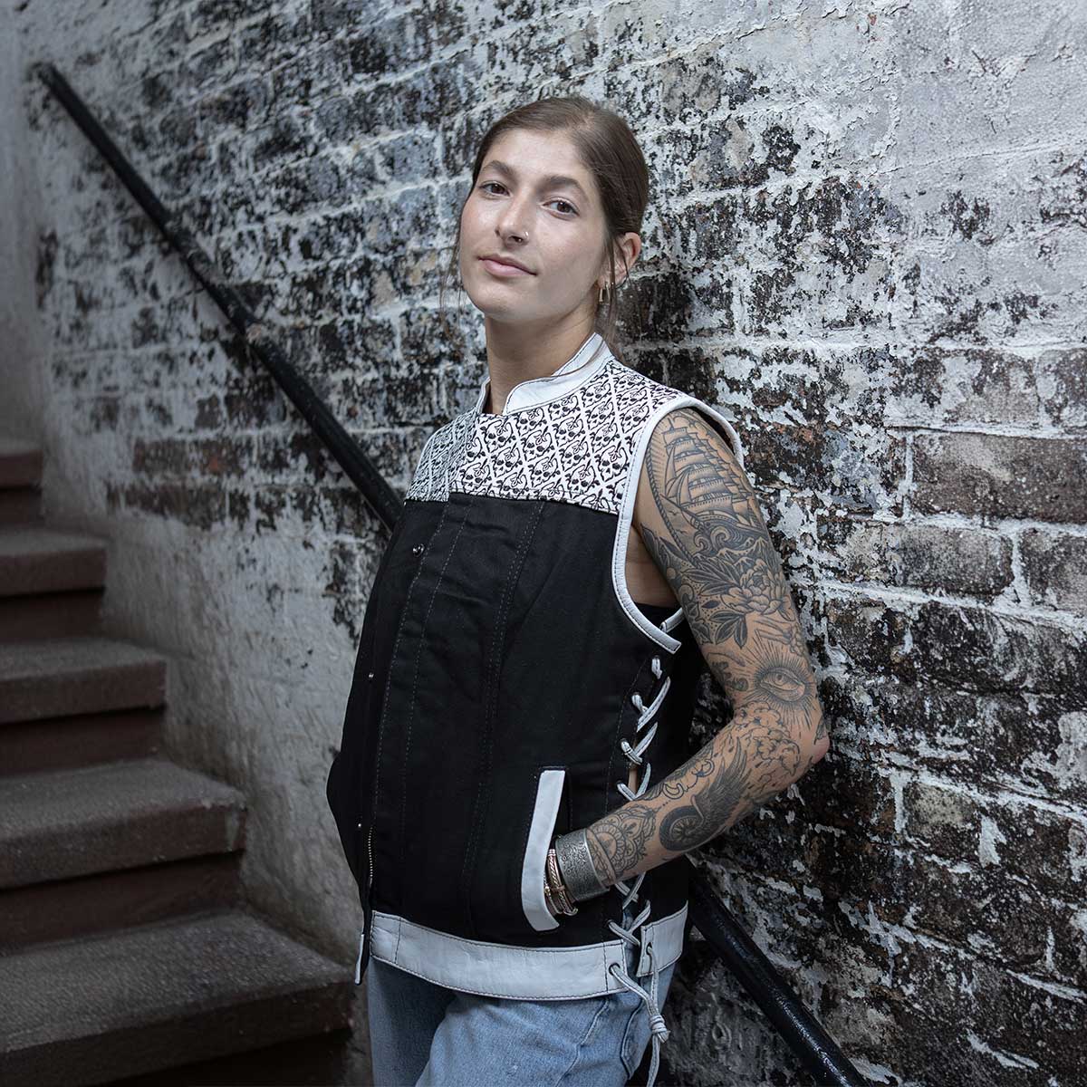 Women's 'Skelly' Black with White Motorcycle Denim Vest w/ Skull