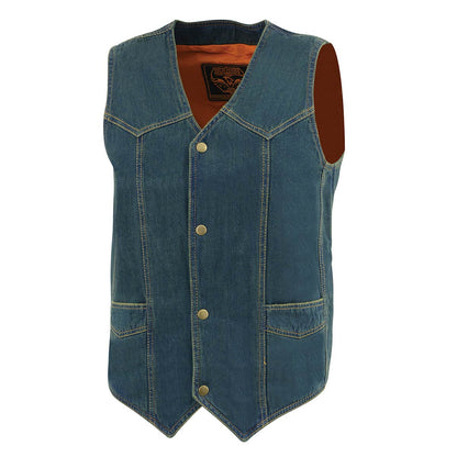 Men's Blue Denim Classic Snap Front Biker Vest