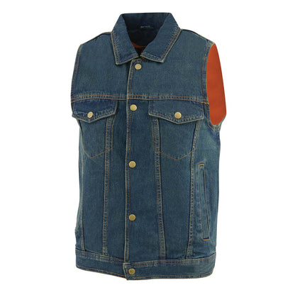 Men's Blue Snap Front Denim Vest with Shirt Style Collar