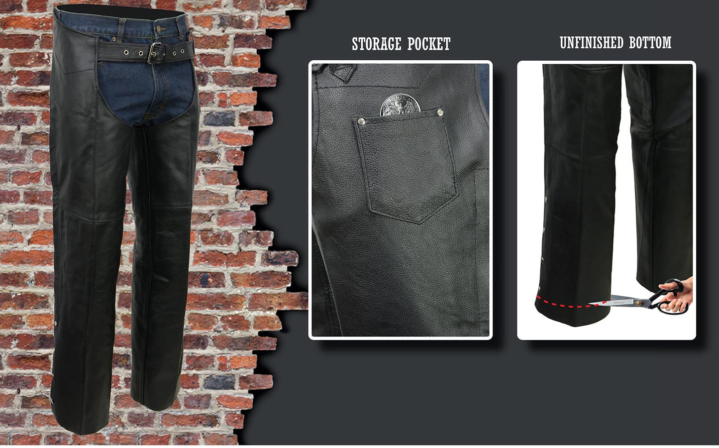 Men's Black Classic Leather Chaps with Coin Pocket EL1117BO