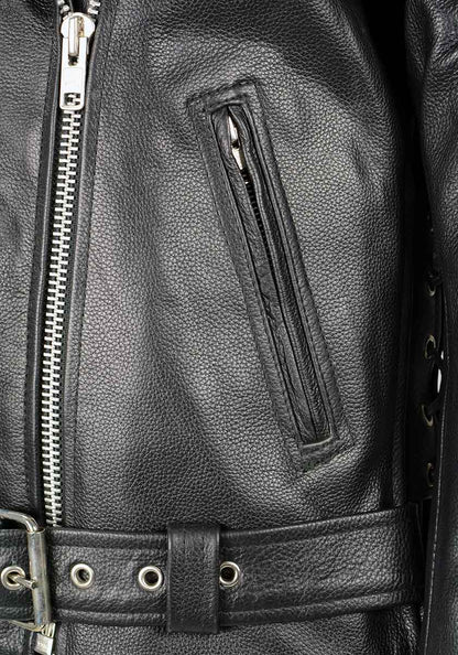 Ladies Classic Black Leather Police Style Jacket with Side Laces