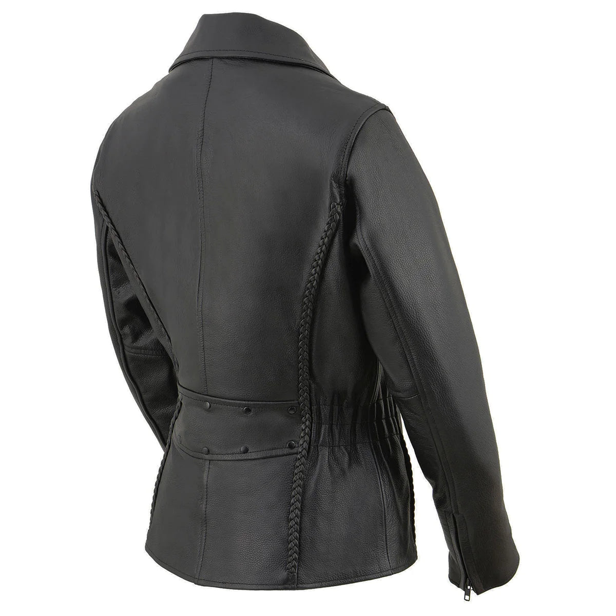 Women's Black Braided Leather Jacket with Stud Back Detailing