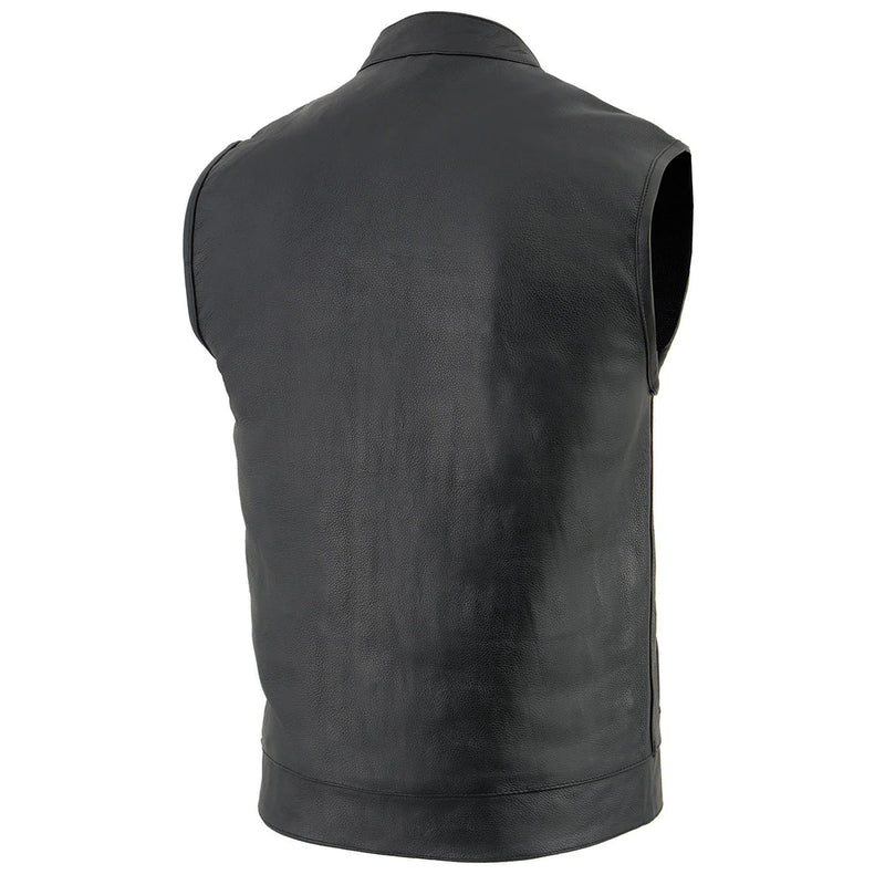 Men's Black Club Style Leather Vest with Open Neck