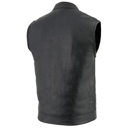 Men's Black Club Style Leather Vest with Open Neck