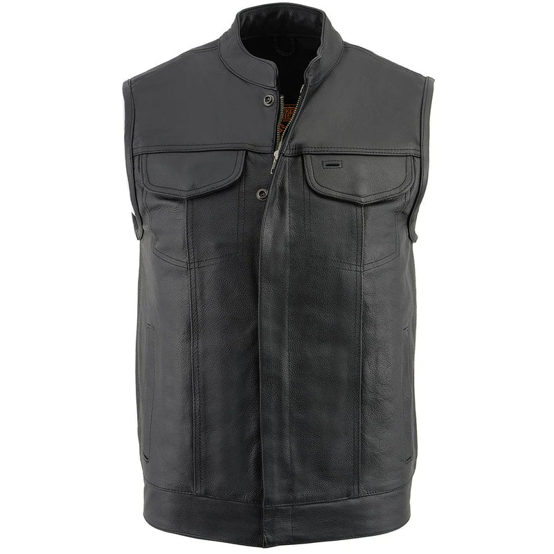 Men's Black Club Style Leather Vest with Open Neck