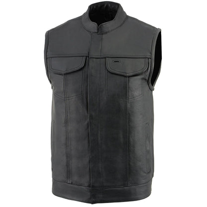 Men's Black Club Style Leather Vest with Open Neck