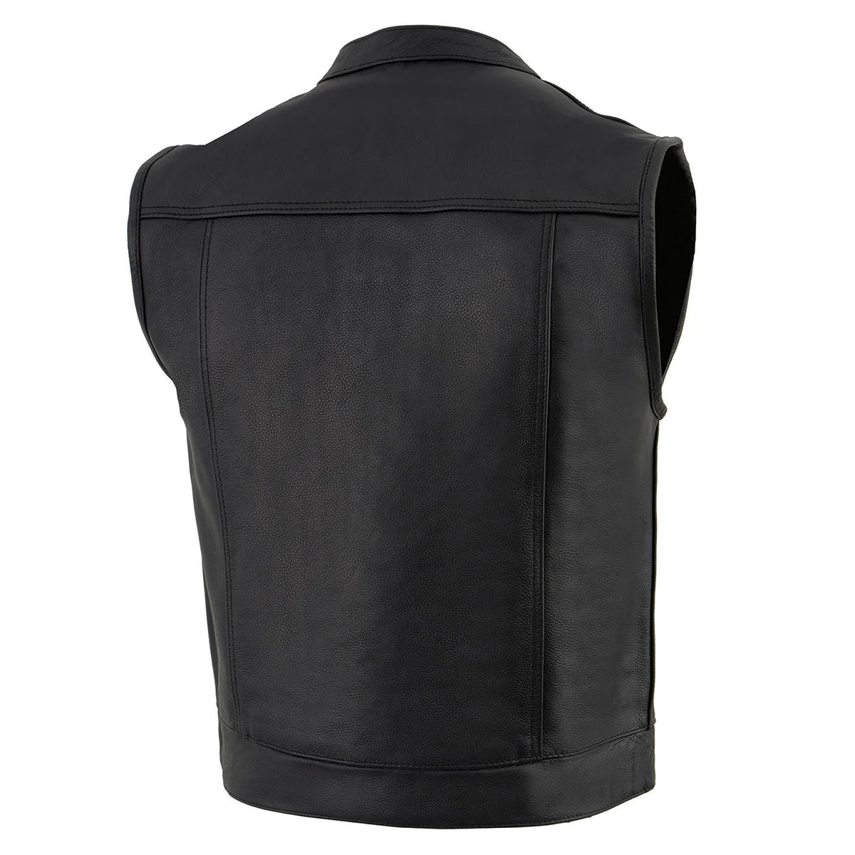 Men's Black Motorcycle Club Style Leather Vest with Concealed Snap Button Closure