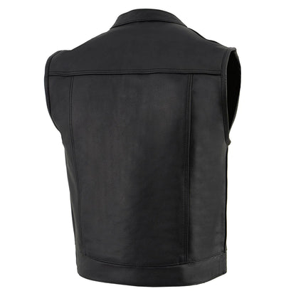 Men's Black Motorcycle Club Style Leather Vest with Concealed Snap Button Closure