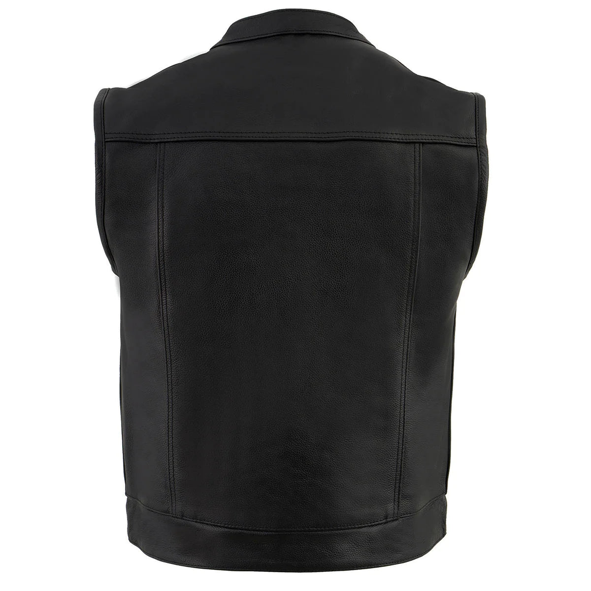 Men's Black Motorcycle Club Style Leather Vest with Concealed Snap Button Closure