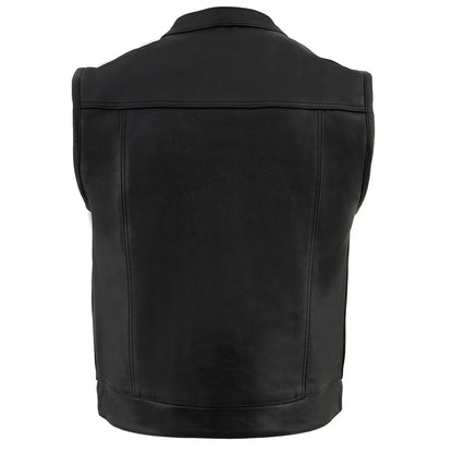 Men's Black Motorcycle Club Style Leather Vest with Concealed Snap Button Closure