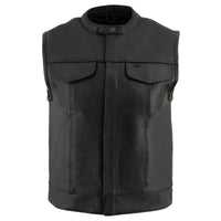 Men's Black Motorcycle Club Style Leather Vest with Concealed Snap Button Closure