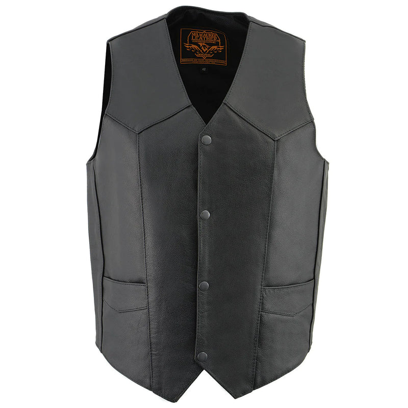 Men's Black Leather Classic Snap Front Vest