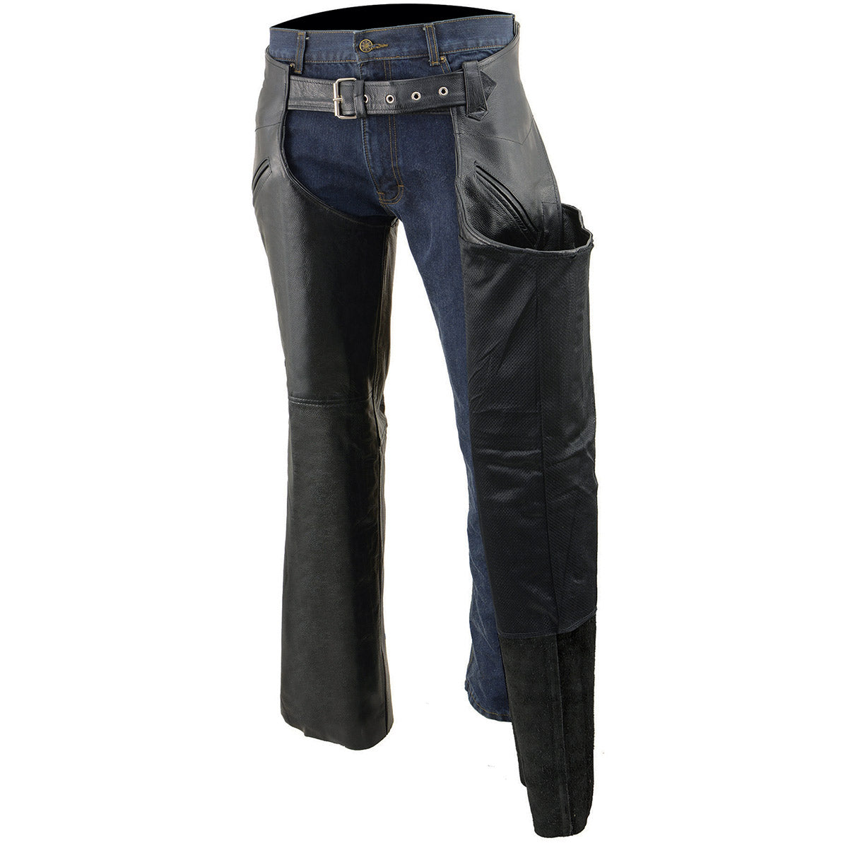 Men's Premium Leather Motorcycle Riders Chaps With Slash Pockets Mesh Lined LKM5710