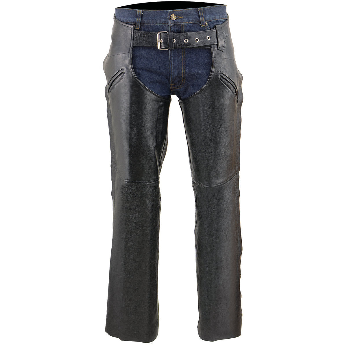 Men's Premium Leather Motorcycle Riders Chaps With Slash Pockets Mesh Lined LKM5710