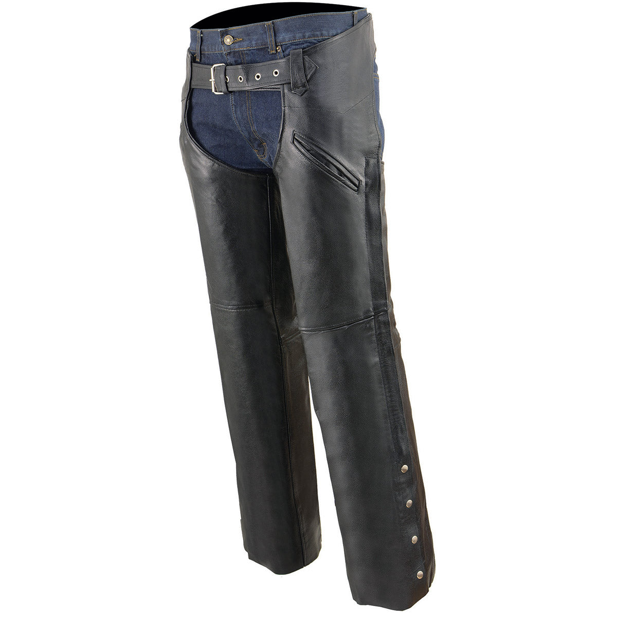 Men's Premium Leather Motorcycle Riders Chaps With Slash Pockets Mesh Lined LKM5710