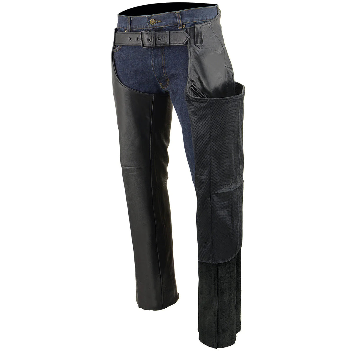 Men's Black Premium Leather 3 Pocket Chaps with Thigh Patch Pocket
