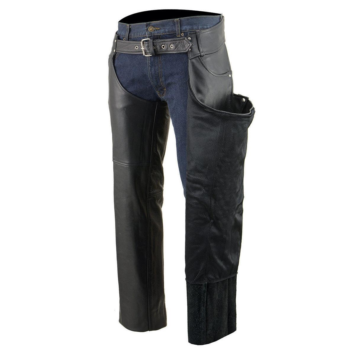 Men's Black Premium Leather Chaps Classic Jean Style Pockets Motorcycle Rider Chap LKM5781