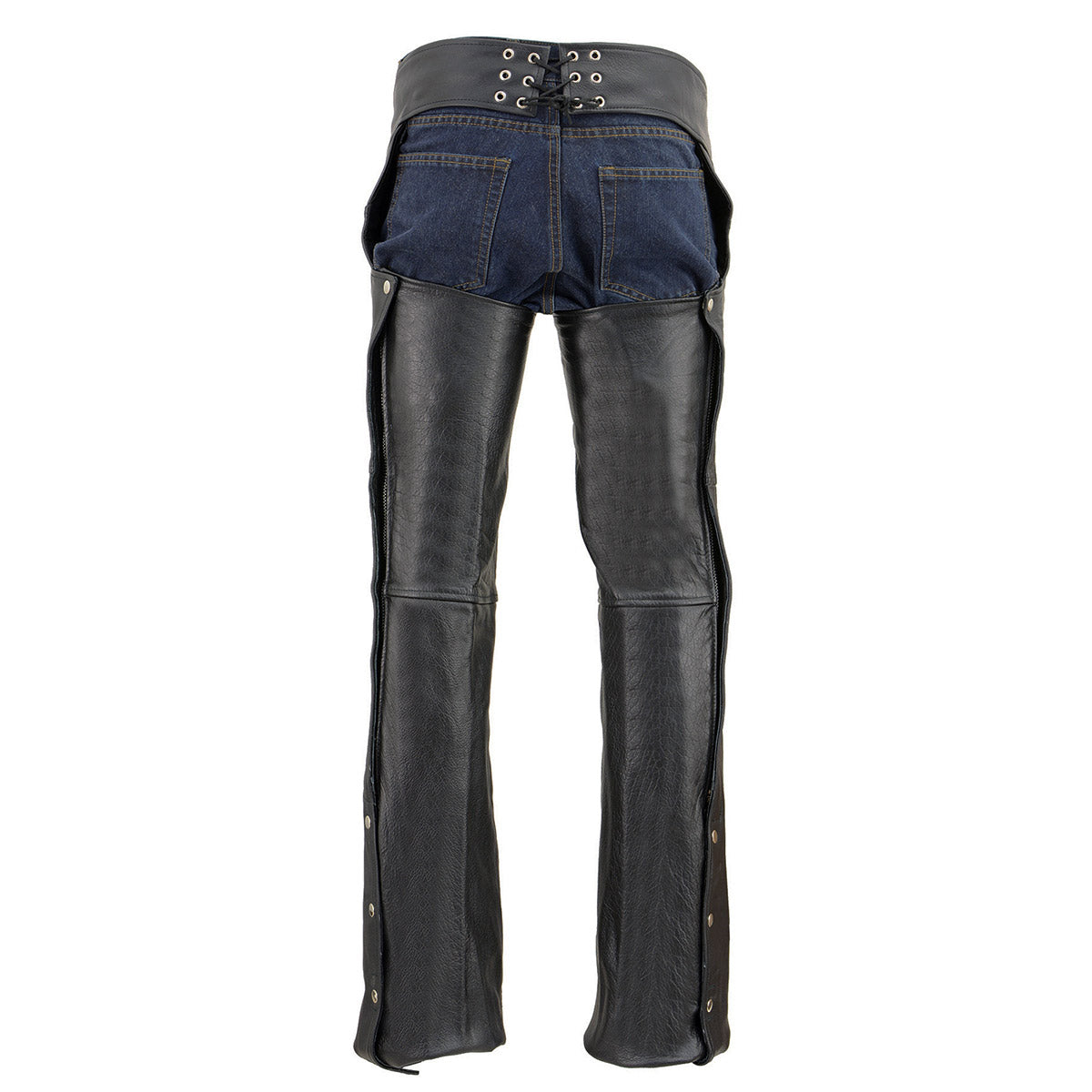Men's Black Premium Leather Chaps Classic Jean Style Pockets Motorcycle Rider Chap LKM5781