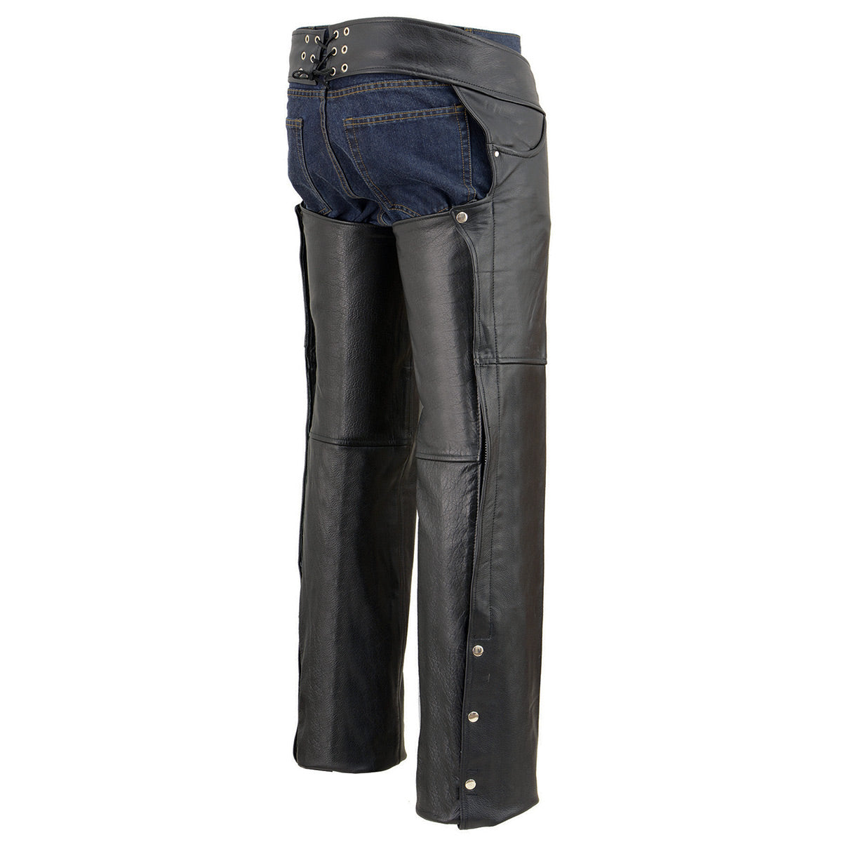 Men's Black Premium Leather Chaps Classic Jean Style Pockets Motorcycle Rider Chap LKM5781