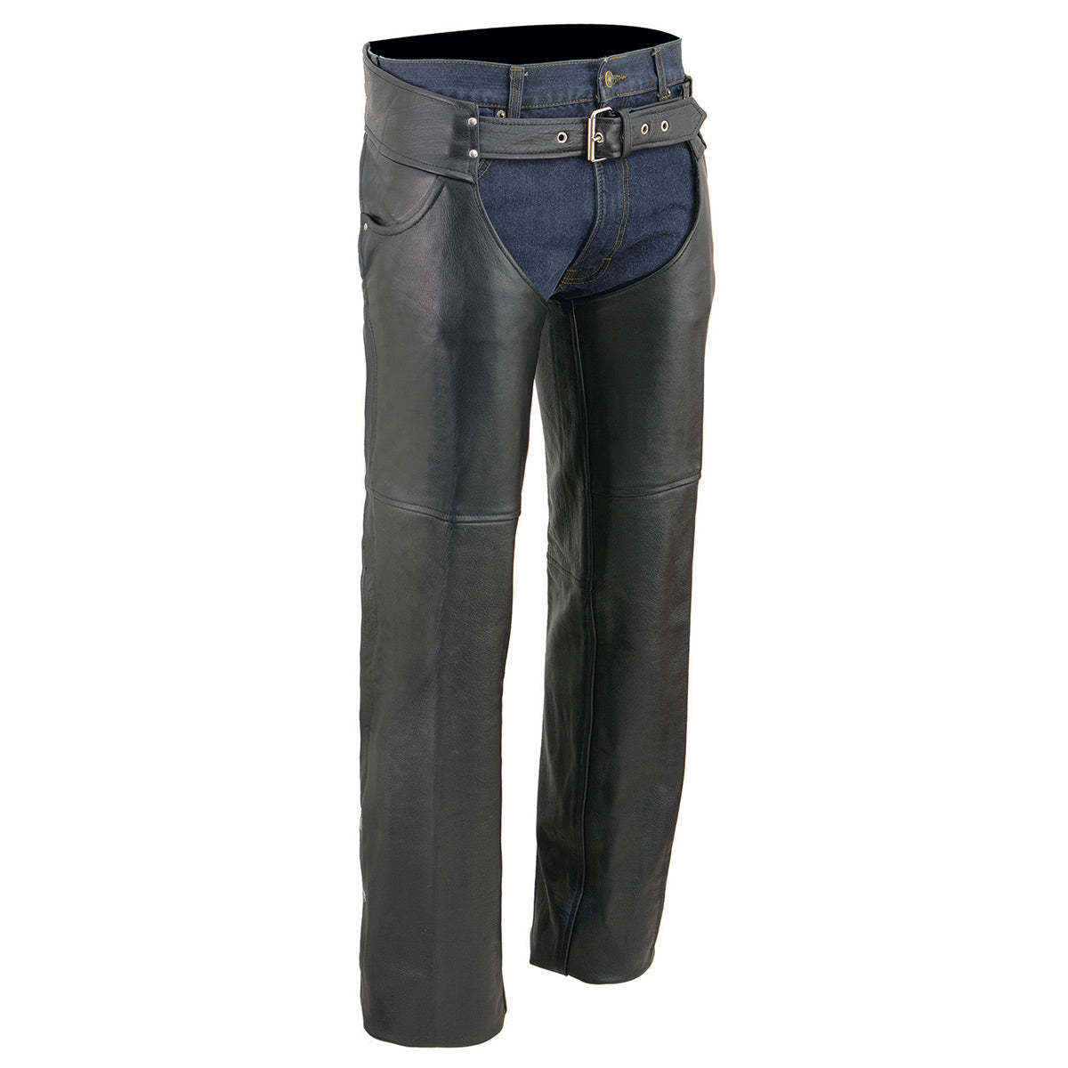Men's Black Premium Leather Chaps Classic Jean Style Pockets Motorcycle Rider Chap LKM5781