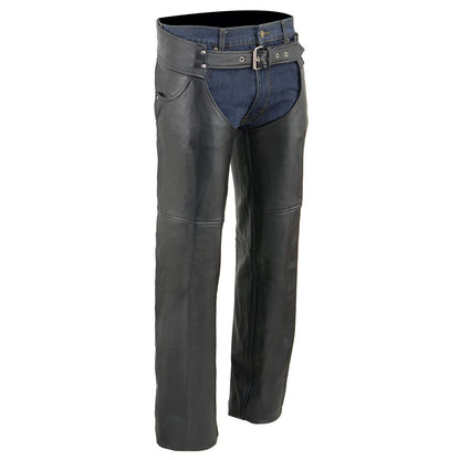 Men's Black Premium Leather Chaps Classic Jean Style Pockets Motorcycle Rider Chap LKM5781