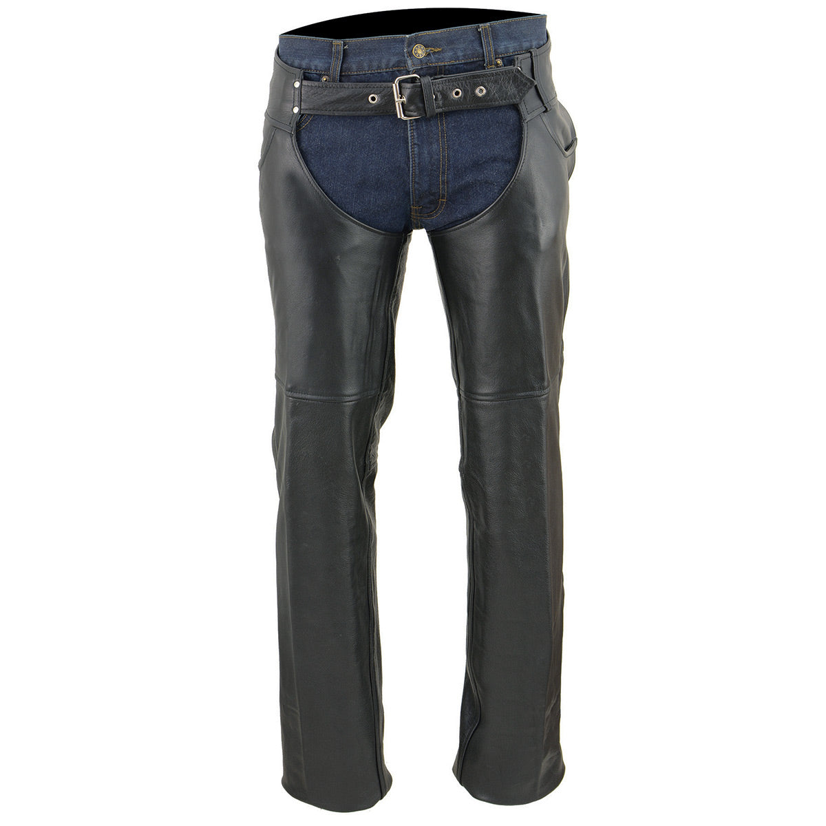 Men's Black Premium Leather Chaps Classic Jean Style Pockets Motorcycle Rider Chap LKM5781