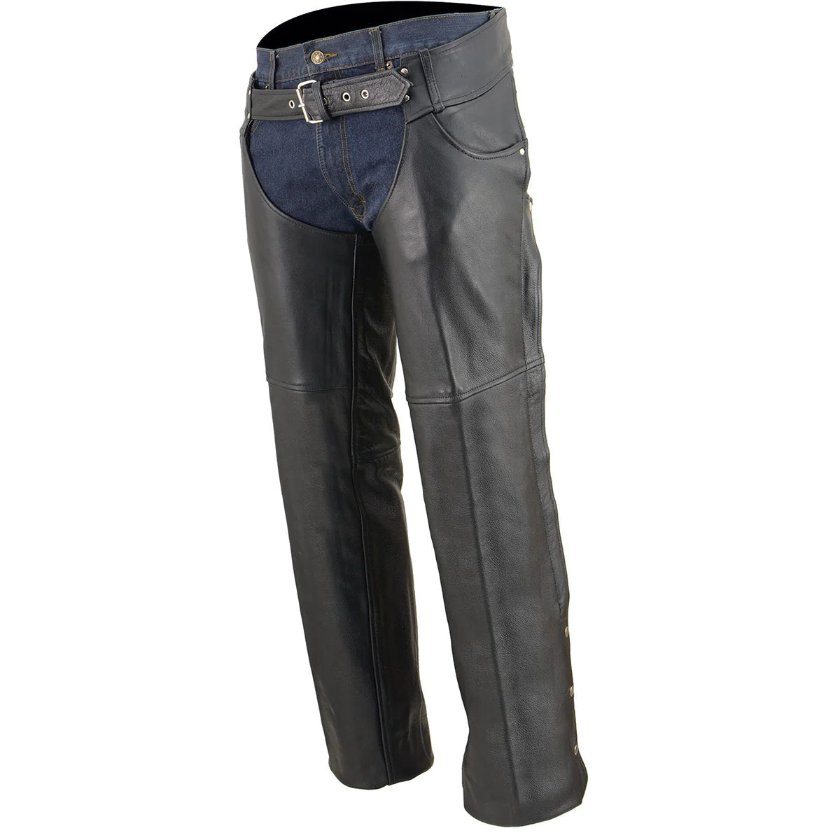 Men's Classic Black Premium Leather Chaps with Jean Pockets