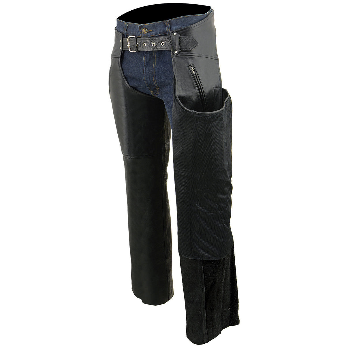 Men's Black Leather Chaps Dual Side Zipper Thigh Pockets Motorcycle Rider Chap LKM5782