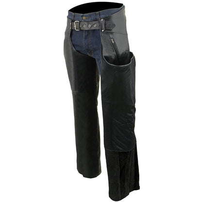 Men's Black Leather Chaps Dual Side Zipper Thigh Pockets Motorcycle Rider Chap LKM5782