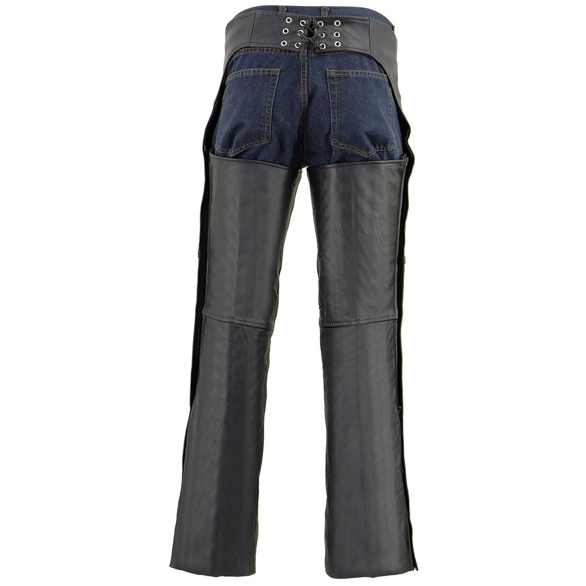 Men's Black Leather Chaps Dual Side Zipper Thigh Pockets Motorcycle Rider Chap LKM5782
