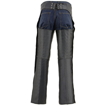 Men's Black Leather Chaps Dual Side Zipper Thigh Pockets Motorcycle Rider Chap LKM5782