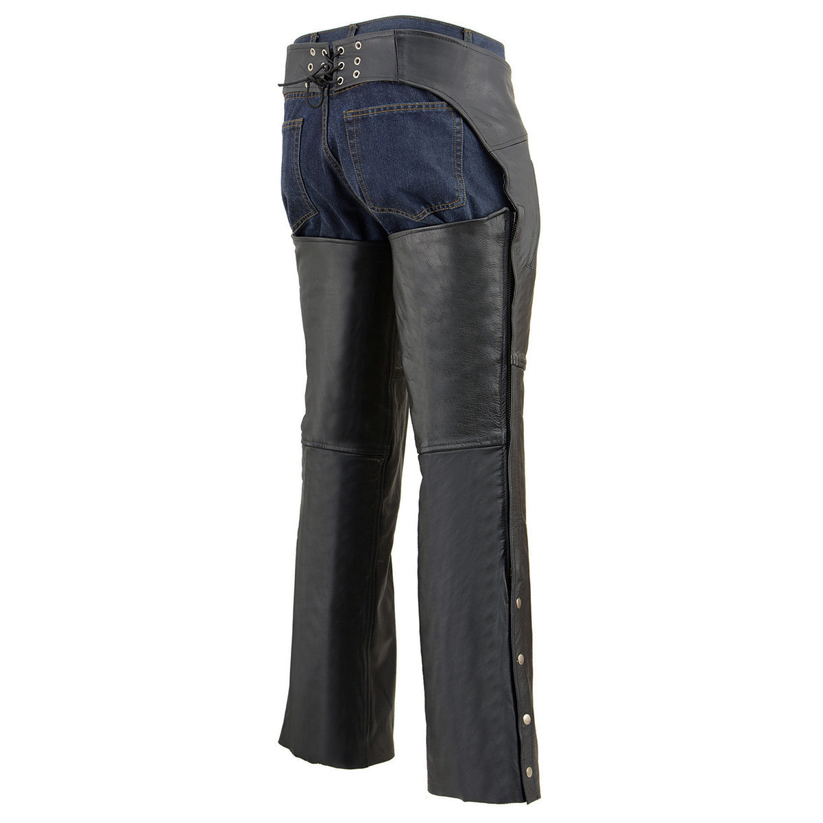Men's Black Leather Chaps Dual Side Zipper Thigh Pockets Motorcycle Rider Chap LKM5782