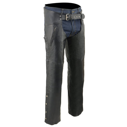 Men's Black Leather Chaps Dual Side Zipper Thigh Pockets Motorcycle Rider Chap LKM5782