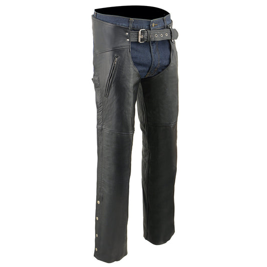 Men's Black Leather Chaps Dual Side Zipper Thigh Pockets Motorcycle Rider Chap LKM5782