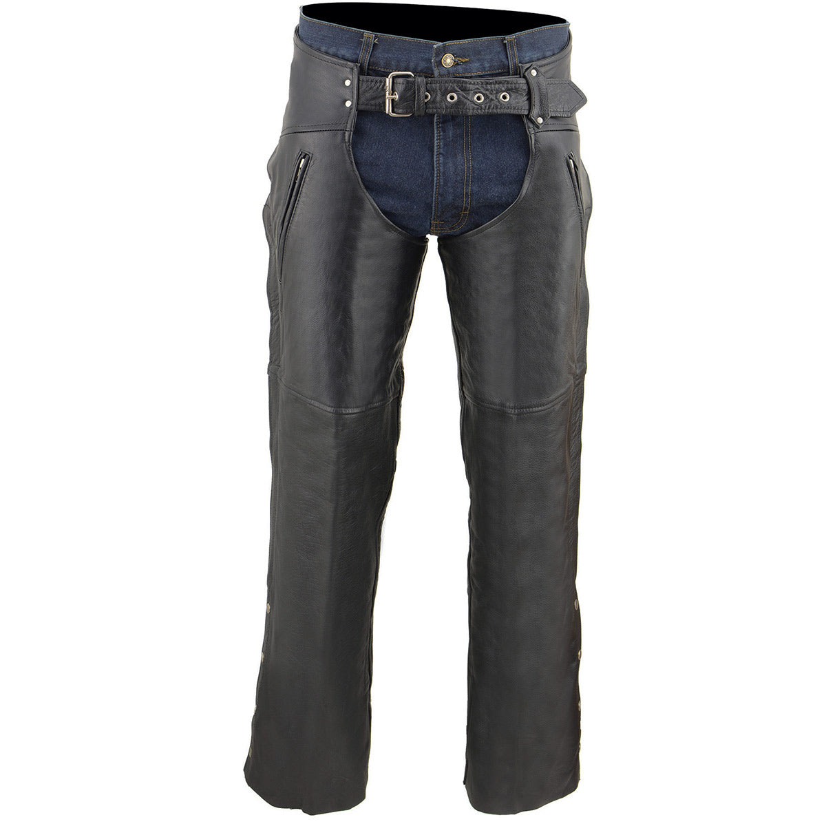 Men's Black Leather Chaps Dual Side Zipper Thigh Pockets Motorcycle Rider Chap LKM5782