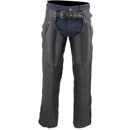 Men's Black Leather Chaps Dual Side Zipper Thigh Pockets Motorcycle Rider Chap LKM5782