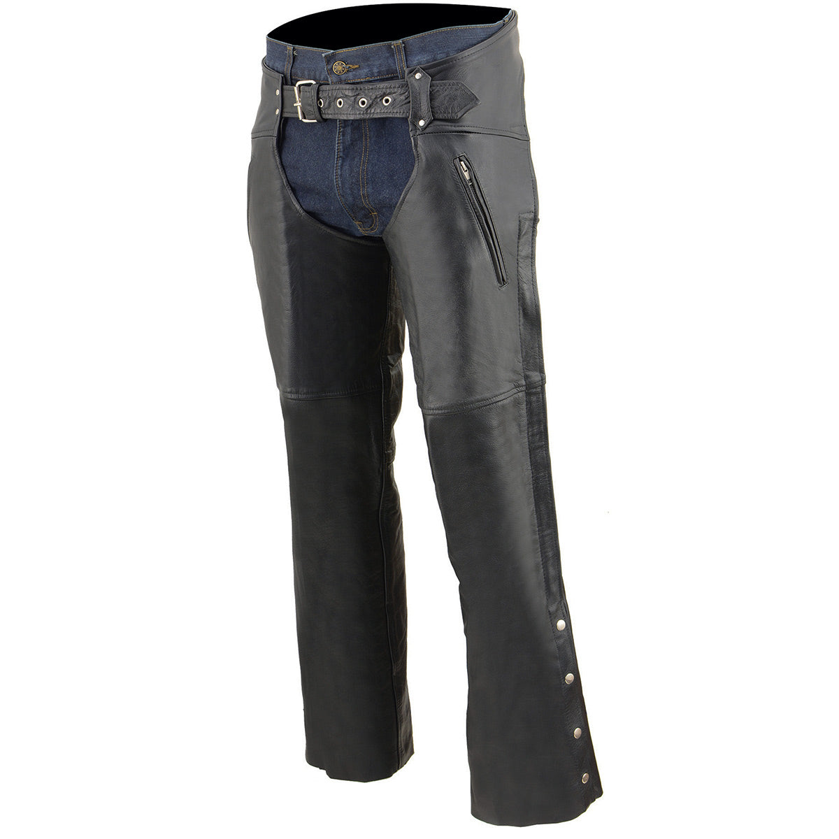 Men's Black Leather Chaps Dual Side Zipper Thigh Pockets Motorcycle Rider Chap LKM5782