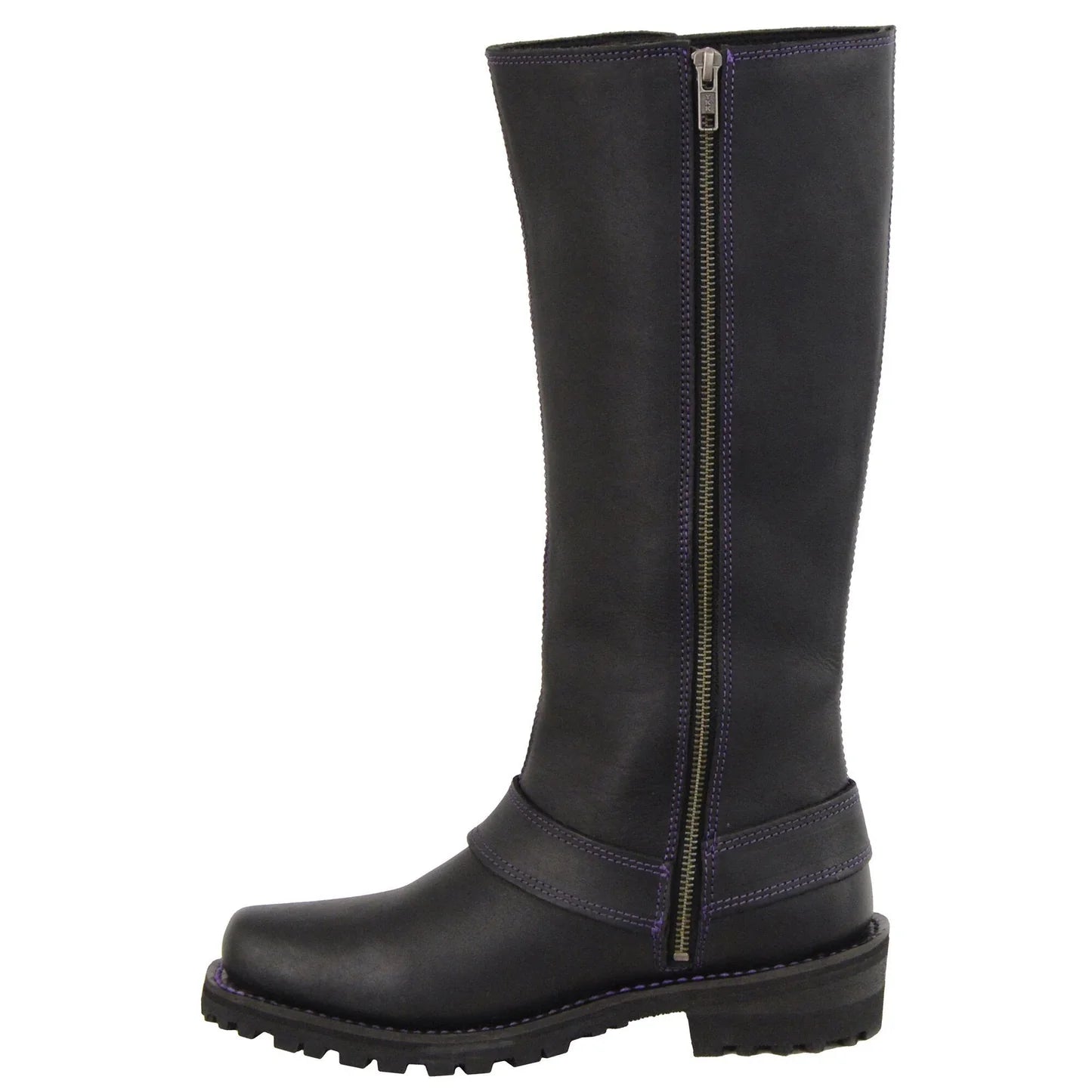Milwaukee Leather MBL9366 Ladies Black 14 Inch Leather Harness Boots with Purple Accent Lacing