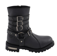 Womens 9 Inch Black Triple Buckle Leather Harness Boot with Side Zipper Entry