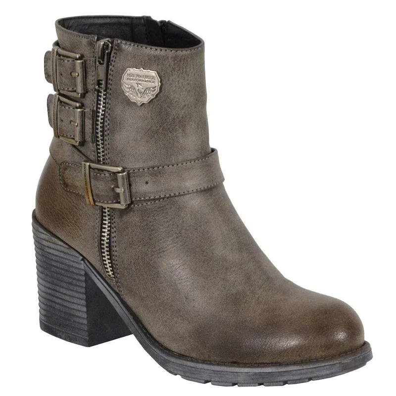 Womens Stone Grey Triple Buckle Side Zipper Boots with Platform Heel