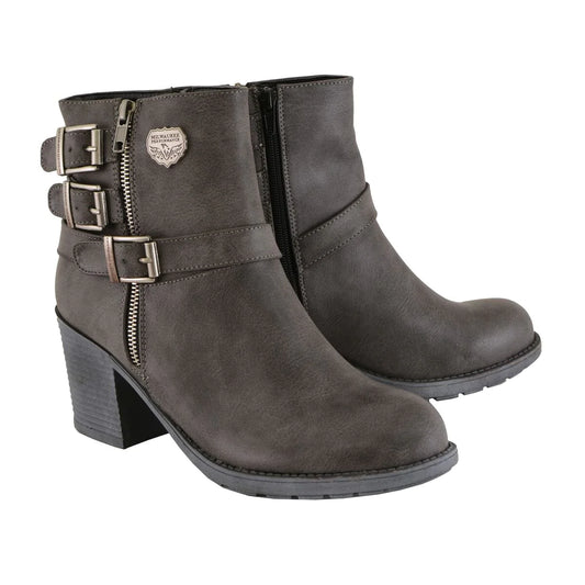 Womens Stone Grey Triple Buckle Side Zipper Boots with Platform Heel